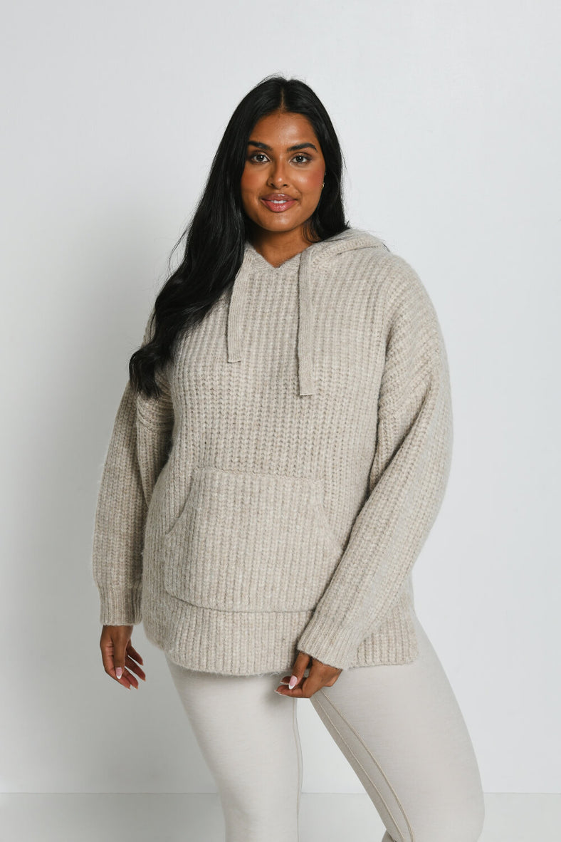 Curve Oversized Chunky Knit Hoodie--Beige
