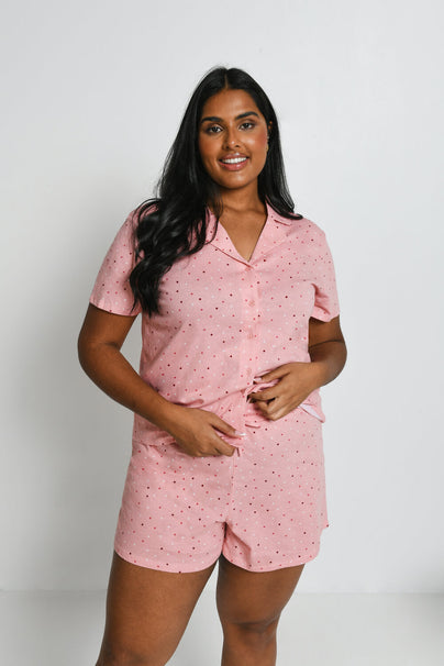 Curve Pure Cotton Button Up Short Pyjama Set - Pink Dot