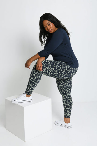 Curve Everyday High Waisted Leggings - Navy/Green Floral