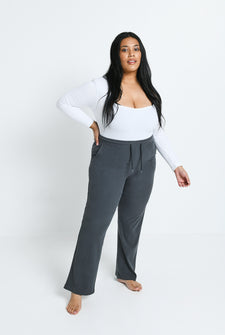 Curves Black Ribbed Wide Leg Trousers