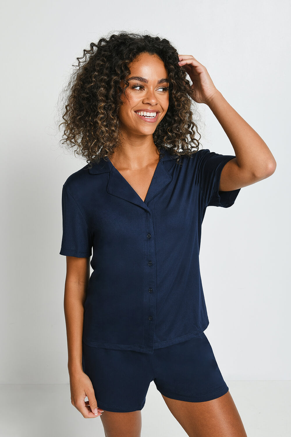 LOVALL Navy Soft Touch Button Up Short Pyjama Set