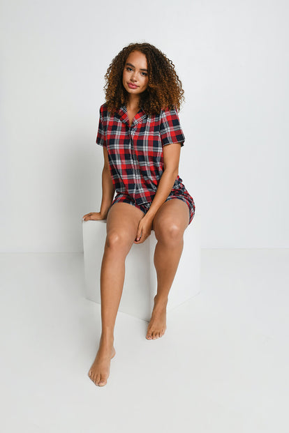 Soft Touch Button Up Short Pyjama Set - Navy & Red Check